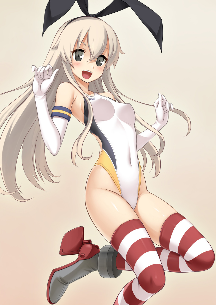 1girl absurdres arena_(company) black_eyes blonde_hair blush competition_swimsuit covered_navel elbow_gloves gloves hairband highleg highleg_swimsuit highres jumping kantai_collection kuri_(kurigohan) long_hair looking_at_viewer one-piece_swimsuit open_mouth shimakaze_(kantai_collection) shiny shiny_skin skindentation smile striped striped_legwear swimsuit thigh-highs
