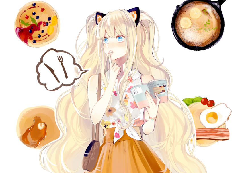 1girl animal_ears bacon bag bare_shoulders blonde_hair blue_eyes casual cat_ears character_request egg food handbag highres long_hair open_mouth pancake saliva seeu skirt solo thinking vient vocaloid