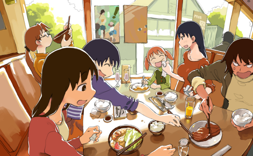 6+girls anger_vein ayase_fuuka azumanga_daioh black_hair brown_hair chiyo_chichi chopsticks closed_eyes danboo eating food kagura kasuga_ayumu koiwai_yotsuba mihama_chiyo mizuhara_koyomi multiple_girls orange_hair sakaki takino_tomo yotsubato!