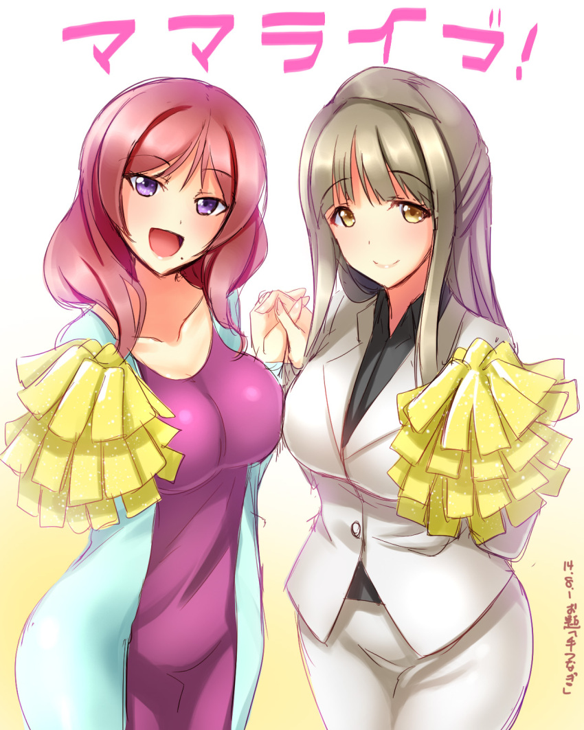 2girls :d blush breasts brown_hair dated formal highres holding_hands long_hair love_live!_school_idol_project minami_kotori's_mother mole multiple_girls nishikino_maki's_mother open_mouth pom_poms redhead short_hair sketch skirt_suit smile suit violet_eyes yu-ta