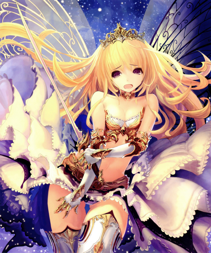 1girl absurdres bare_shoulders blonde_hair boots breasts butterfly_wings cleavage gauntlets highres long_hair midriff navel open_mouth scan shingeki_no_bahamut small_breasts solo sword tachikawa_mushimaro thigh-highs thigh_boots tiara violet_eyes weapon white_legwear wings