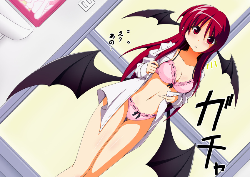 1girl :o bat_wings bathroom blouse bra breasts cleavage dress_shirt head_wings highres koakuma kurenaidahlia long_hair looking_at_viewer low_wings midriff navel no_pants open_blouse open_clothes open_shirt panties perspective pink_bra pink_panties pov pov_eye_contact redhead shirt shower solo touhou underwear undressing white_blouse wings