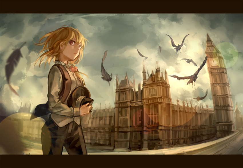 1girl alternate_costume bird clock clock_tower clouds cloudy_sky crow feathers hat kirisame_marisa letterboxed open_clothes open_mouth open_vest pants shirt sky solo touhou tower vest westminster_palace yellow_eyes zicai_tang