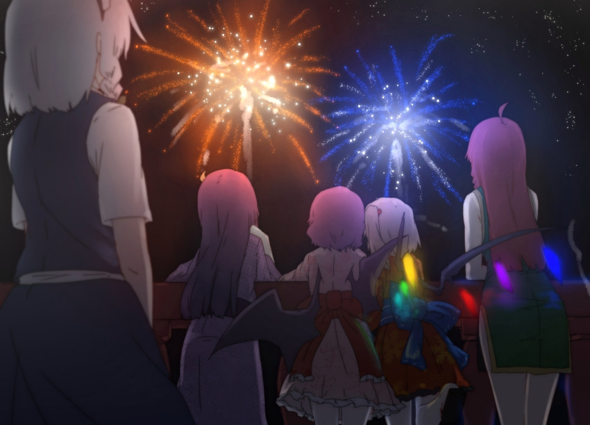 5girls adapted_costume aerial_fireworks asymmetrical_hair asymmetrical_wings bat_wings blonde_hair braid chinese_clothes crystal dress festival fireworks flandre_scarlet from_behind hong_meiling izayoi_sakuya japanese_clothes kimono lavender_hair long_hair looking_away multiple_girls night night_sky patchouli_knowledge pink_dress purple_hair red_dress redhead remilia_scarlet short_hair short_kimono side_slit silver_hair sky terimayo touhou traditional_chinese twin_braids v_arms wings