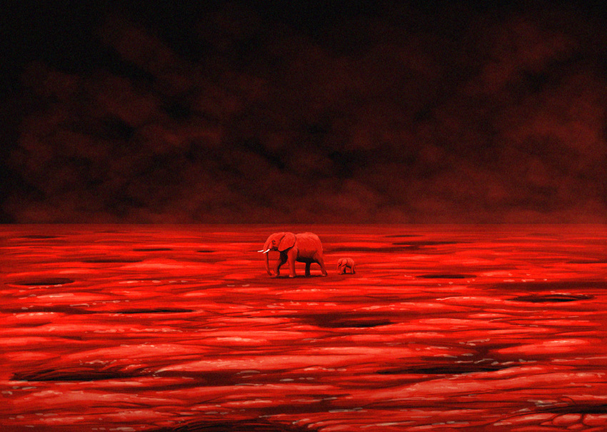 elephant flesh guru highres landscape monochrome no_humans original size_difference sky surreal traditional_media