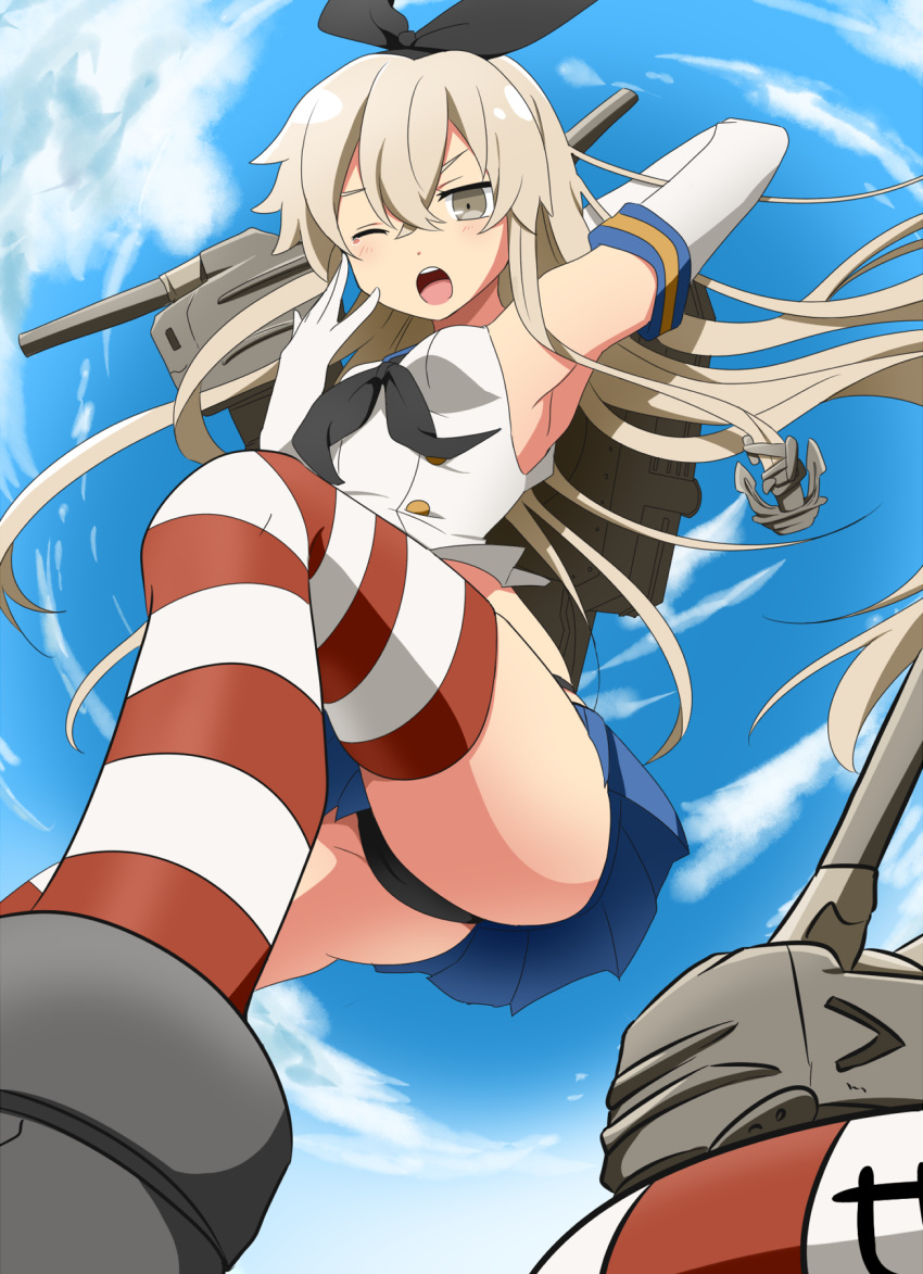 1girl ;o anchor arm_up armpits black_panties blonde_hair elbow_gloves from_below gloves grey_eyes hairband highres kantai_collection long_hair one_eye_closed open_mouth panties rensouhou-chan rumia_(compacthuman) shimakaze_(kantai_collection) skirt solo striped striped_legwear thigh-highs underwear