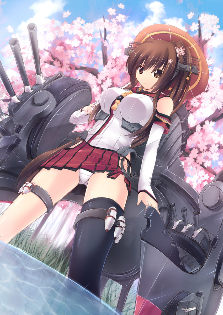 1girl anchor breasts brown_eyes brown_hair cannon cherry_blossoms detached_sleeves flower hair_flower hair_ornament highres kantai_collection large_breasts long_hair machinery oriental_umbrella panties ponytail skirt smile solo srwsrx_(gp03dsrx) turret umbrella underwear very_long_hair yamato_(kantai_collection)