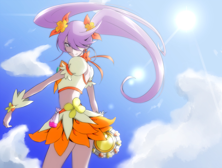 1girl choker clouds cloudy_sky cosplay cure_moonlight cure_sunshine cure_sunshine_(cosplay) gacchahero hair_over_one_eye hair_ribbon heartcatch_precure! lavender_hair long_hair looking_at_viewer magical_girl midriff precure ribbon skirt sky smile solo tsukikage_yuri twintails violet_eyes wrist_cuffs