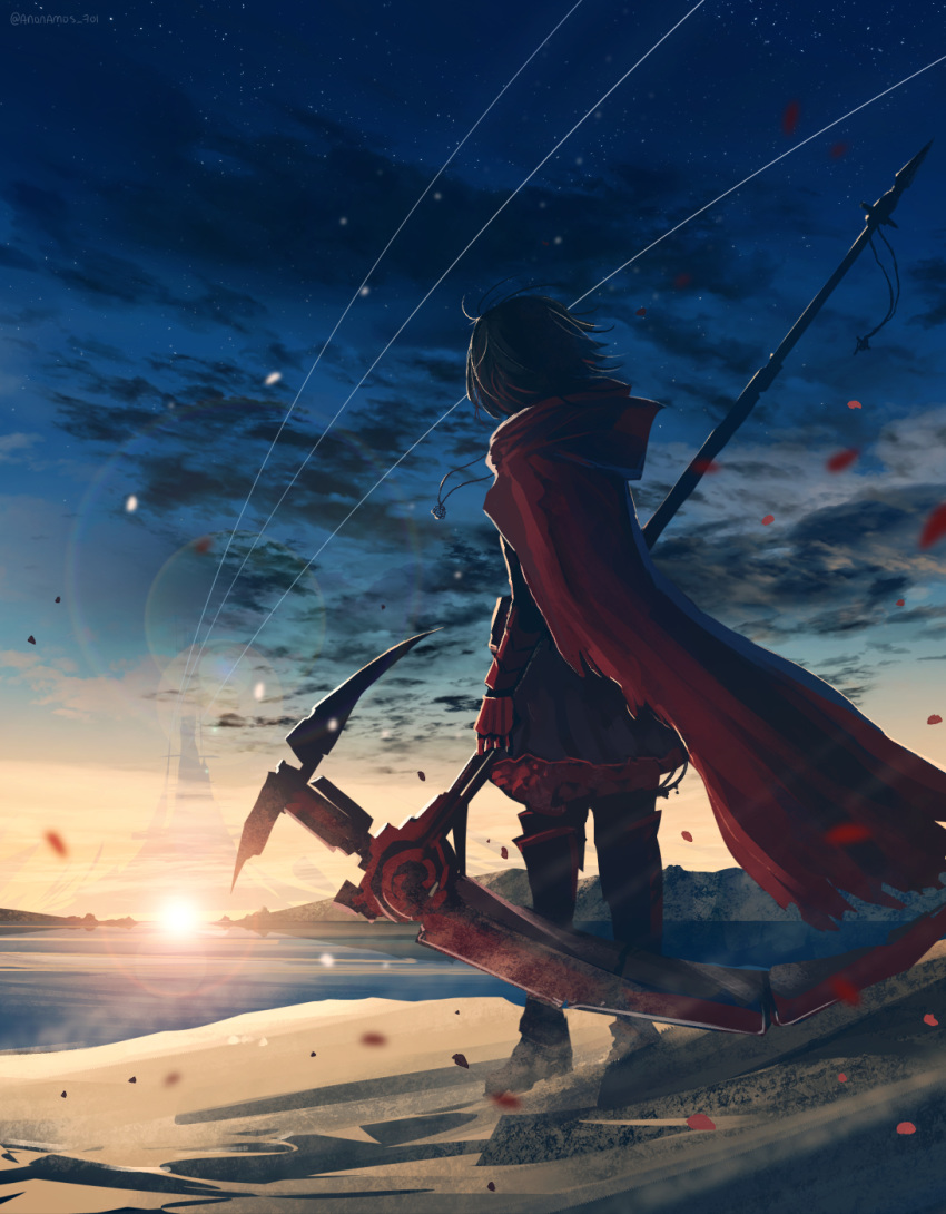 1girl anonamos black_dress black_footwear black_hair boots cape crescent_rose dress highres holding holding_scythe jewelry knee_boots necklace outdoors red_cape ruby_rose rwby scythe short_dress short_hair solo sunrise