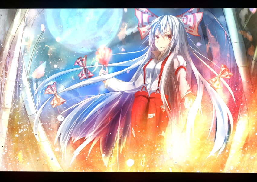 1girl arm_belt armband aruto2498 bamboo bamboo_forest blurry bow burning depth_of_field dress_shirt embers fire flame forest fujiwara_no_mokou full_moon hair_bow hair_ribbon highres letterboxed long_hair long_sleeves looking_at_viewer moon nature ofuda pants red_eyes red_pants ribbon shirt smile solo suspenders touhou tress_ribbon very_long_hair white_hair white_shirt