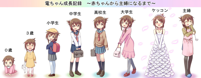 1girl age_progression anchor_symbol apron backpack bag bare_shoulders black_legwear blue_skirt blush brown_eyes brown_hair casual child contemporary crying dress elbow_gloves folded_ponytail gggrande gloves hair_ornament hair_ribbon hairclip handbag hat highres inazuma_(kantai_collection) kantai_collection kneehighs ladle loafers long_sleeves looking_at_viewer neckerchief older pacifier pinstripe_pattern pleated_skirt randoseru ribbed_sweater ribbon sailor_collar school_bag school_briefcase school_hat school_uniform serafuku shoes skirt slippers smile stuffed_animal stuffed_bunny stuffed_toy sweater tears translated turtleneck wedding_dress younger