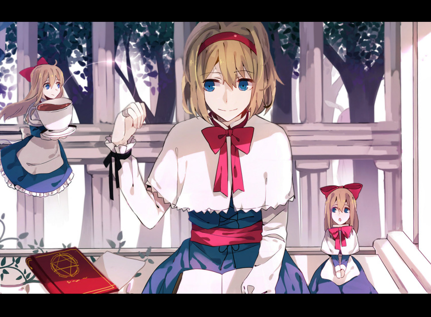 1girl alice_(wonderland) alice_margatroid apron blonde_hair blue_dress blue_eyes book bow capelet cup dress grimoire hair_bow hairband letterboxed long_hair long_sleeves puppet_rings puppet_strings red_(girllove) sash shanghai_doll sitting smile teacup touhou tree very_long_hair waist_apron