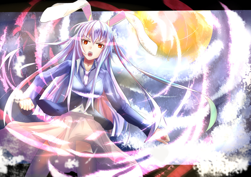 1girl animal_ears aruto2498 black_legwear blazer bunny_tail clenched_hands collarbone dress_shirt full_moon highres jacket long_hair long_sleeves looking_at_viewer moon moonlight necktie night open_mouth pleated_skirt purple_hair rabbit_ears red_eyes reisen_udongein_inaba shirt skirt solo tail thigh-highs touhou very_long_hair white_shirt zettai_ryouiki