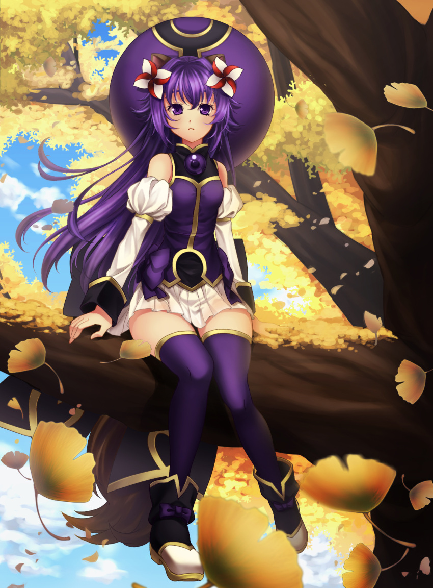 1girl animal_ears bare_shoulders bow detached_sleeves hair_ornament hat highres in_tree long_hair looking_at_viewer matsuhime_mujina pinwheel pleated_skirt purple_legwear raccoon_ears revision seed shinrabanshou sitting sitting_in_tree skirt solo tail tatsuyoshi thigh-highs tree violet_eyes