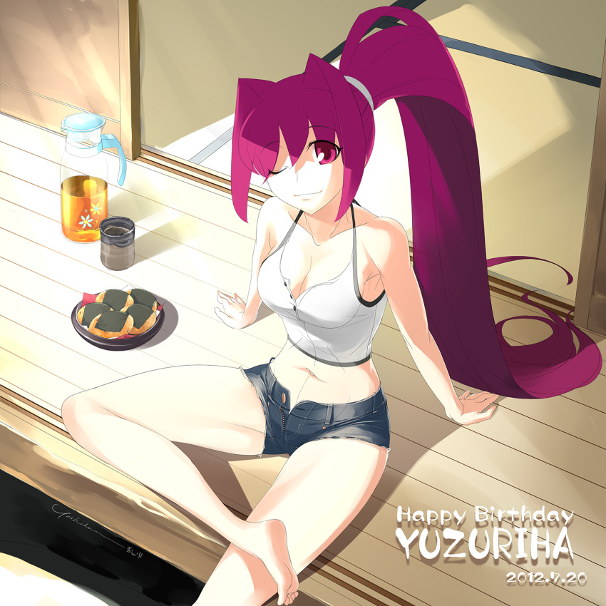 arm_support artist_request barefoot breasts cleavage cutoffs denim denim_shorts french-bread happy_birthday highres long_hair looking_at_viewer official_art one_eye_closed open_fly pink_hair ponytail short_shorts shorts sitting smile under_night_in-birth unzipped very_long_hair yuzuriha_(under_night_in-birth)