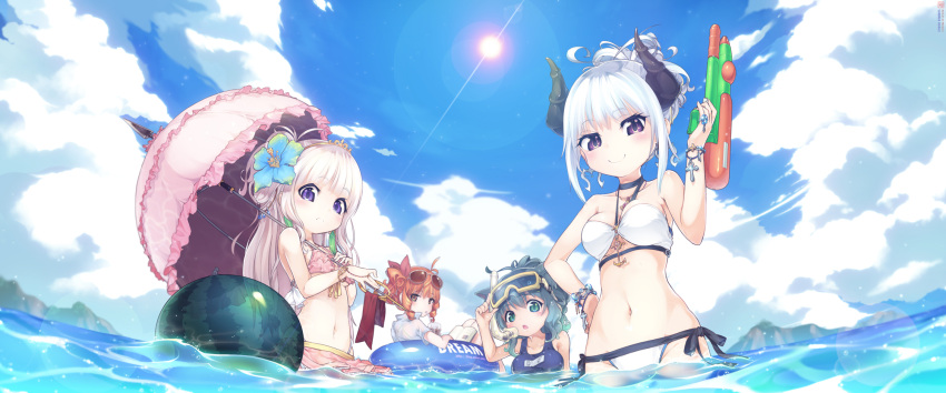 4girls ball bare_shoulders beachball bikini blue_hair blush book bracelet breasts brown_eyes chestnut_mouth cleavage clouds collarbone demon_horns drink earrings flower frilled_bikini frills frown goggles goggles_on_head green_eyes hair_flower hair_ornament hair_ribbon hands_on_hips highres holding horns innertube jakoujika jewelry lens_flare long_hair looking_at_viewer multiple_girls navel open_book open_mouth orange_hair original outdoors parasol partially_submerged pink_bikini ribbon school_swimsuit shirt short_sleeves silver_hair sky smile snorkel sparkle standing sun sunglasses sunglasses_on_head swimsuit umbrella updo violet_eyes water water_gun white_bikini white_hair white_swimsuit