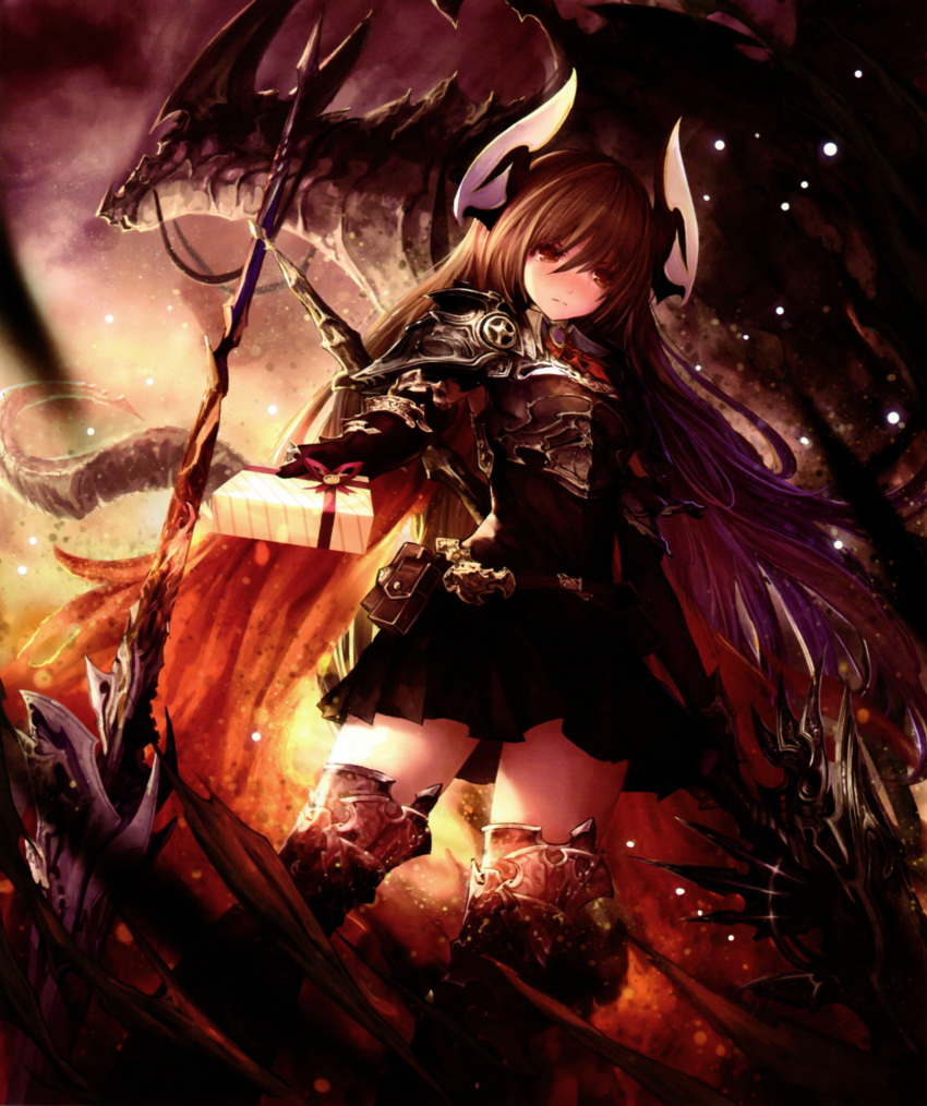 1girl absurdres armor black_gloves box breastplate brown_eyes brown_hair dragon elbow_gloves from_below gift gift_box gloves greaves highres horns lance light_particles long_hair multicolored_hair pauldrons pleated_skirt polearm purple_hair scan shingeki_no_bahamut skirt solo tachikawa_mushimaro thigh-highs two-tone_hair weapon