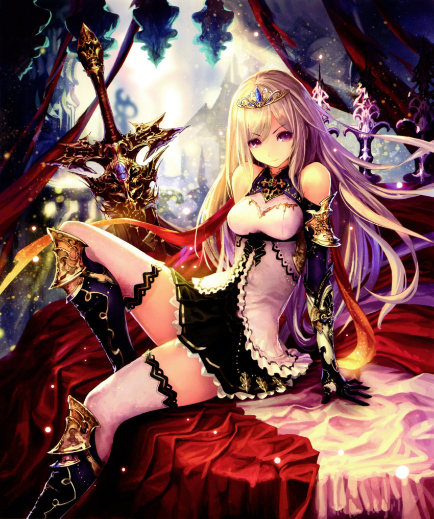 1girl absurdres arm_support armor bare_shoulders bed black_gloves boots dress elbow_gloves gauntlets gloves highres knee_boots leaning_back leg_up light_particles long_hair looking_at_viewer scan shingeki_no_bahamut short_dress silver_hair sleeveless sleeveless_dress smile solo tachikawa_mushimaro thigh-highs tiara violet_eyes white_legwear