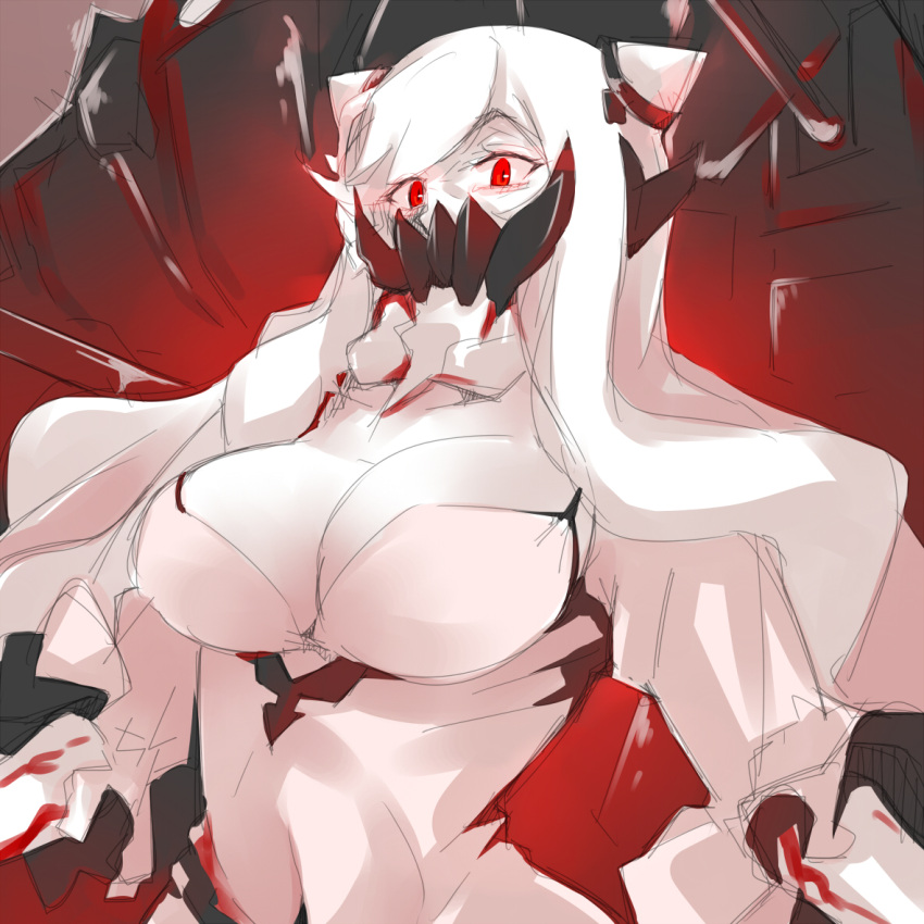 1girl breasts cleavage collarbone covered_mouth dress horns kantai_collection large_breasts long_hair long_sleeves looking_at_viewer manabebebe mask midway_hime pale_skin red_eyes shinkaisei-kan sketch solo veins very_long_hair white_dress white_hair white_skin