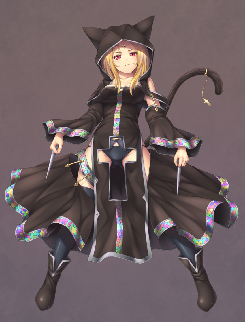1girl animal_hood asymmetrical_clothes black_legwear black_panties blonde_hair boots breasts cat_hood cat_tail cross crotch_cutout detached_sleeves frown highres hood long_hair nun original panties red_eyes sand-rain sasaame simple_background skirt solo tail tail_ornament thigh-highs tiara underwear weapon weapon_request wide_sleeves