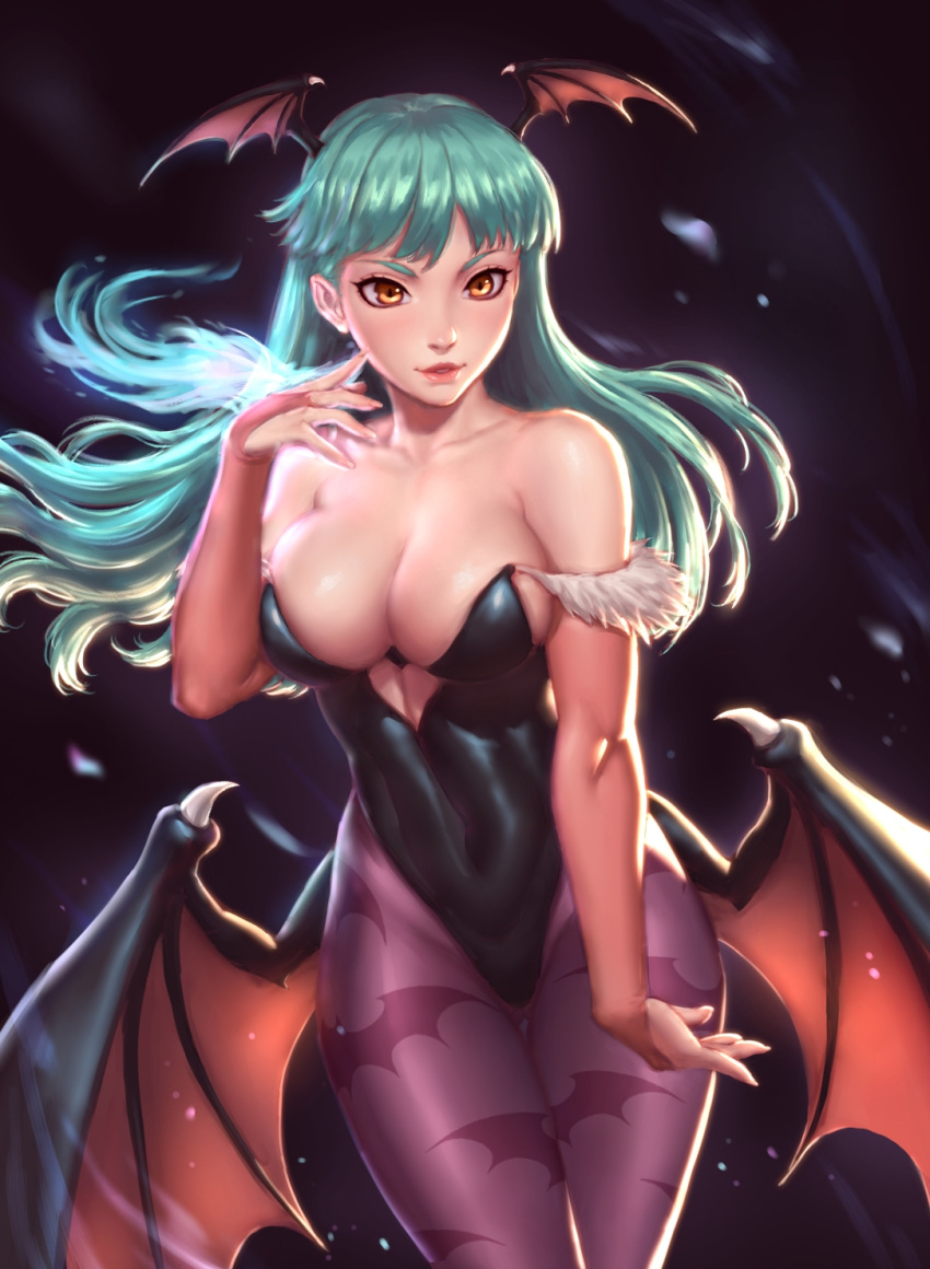 1girl bangs bare_shoulders bat_print bat_wings blunt_bangs blush breasts bridal_gauntlets brown_eyes cleavage collarbone covered_navel demon_girl floating_hair green_hair head_wings heart_cutout highres large_breasts leotard lips long_hair looking_at_viewer morrigan_aensland pantyhose parted_lips purple_legwear seeker_(shzyu) skin_tight smile solo standing succubus vampire_(game) very_long_hair wings