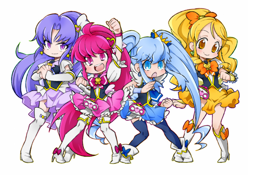 4girls aino_megumi blonde_hair blue_eyes blue_hair blue_legwear blue_skirt blush boots crown cure_fortune cure_honey cure_lovely cure_princess earrings eyelashes hair_ornament hair_ribbon happinesscharge_precure! happy heart heart_hair_ornament high_heels hikawa_iona jewelry knee_boots kneehighs looking_at_viewer magical_girl multiple_girls oomori_yuuko open_mouth pink_eyes pink_hair pink_skirt ponytail pose precure puffy_sleeves purple_hair purple_skirt ribbon scythe-of-petals shirayuki_hime shirt simple_background skirt smile standing thigh-highs thigh_boots twintails vest violet_eyes white_background white_legwear wrist_cuffs yellow_eyes yellow_skirt zettai_ryouiki