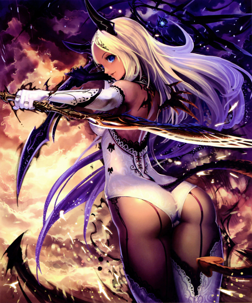 1girl absurdres ass bare_shoulders black_wings blonde_hair blue_eyes brown_legwear dark_skin demon_tail detached_collar dual_wielding elbow_gloves from_behind gloves highres horns lace lace-trimmed_thighhighs leotard light_smile lips long_hair looking_back mini_wings multicolored_hair pantyhose purple_hair scan shingeki_no_bahamut solo sword tachikawa_mushimaro tail thigh-highs two-tone_hair very_long_hair weapon white_gloves white_legwear wings