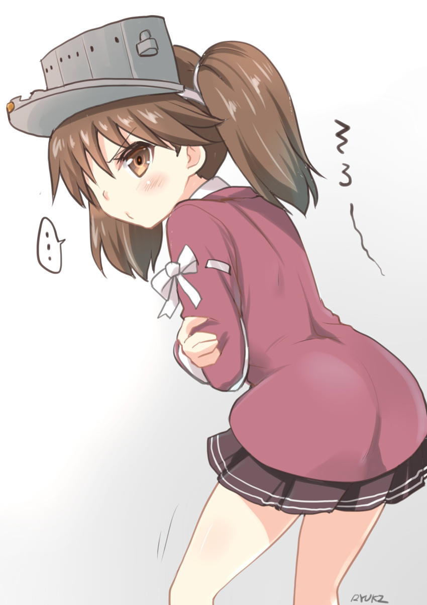 ... 1girl absurdres brown_eyes brown_hair commentary_request covering_chest hair_over_one_eye hat highres kantai_collection ryuki_(ryukisukune) ryuujou_(kantai_collection) short_hair short_twintails skirt solo twintails