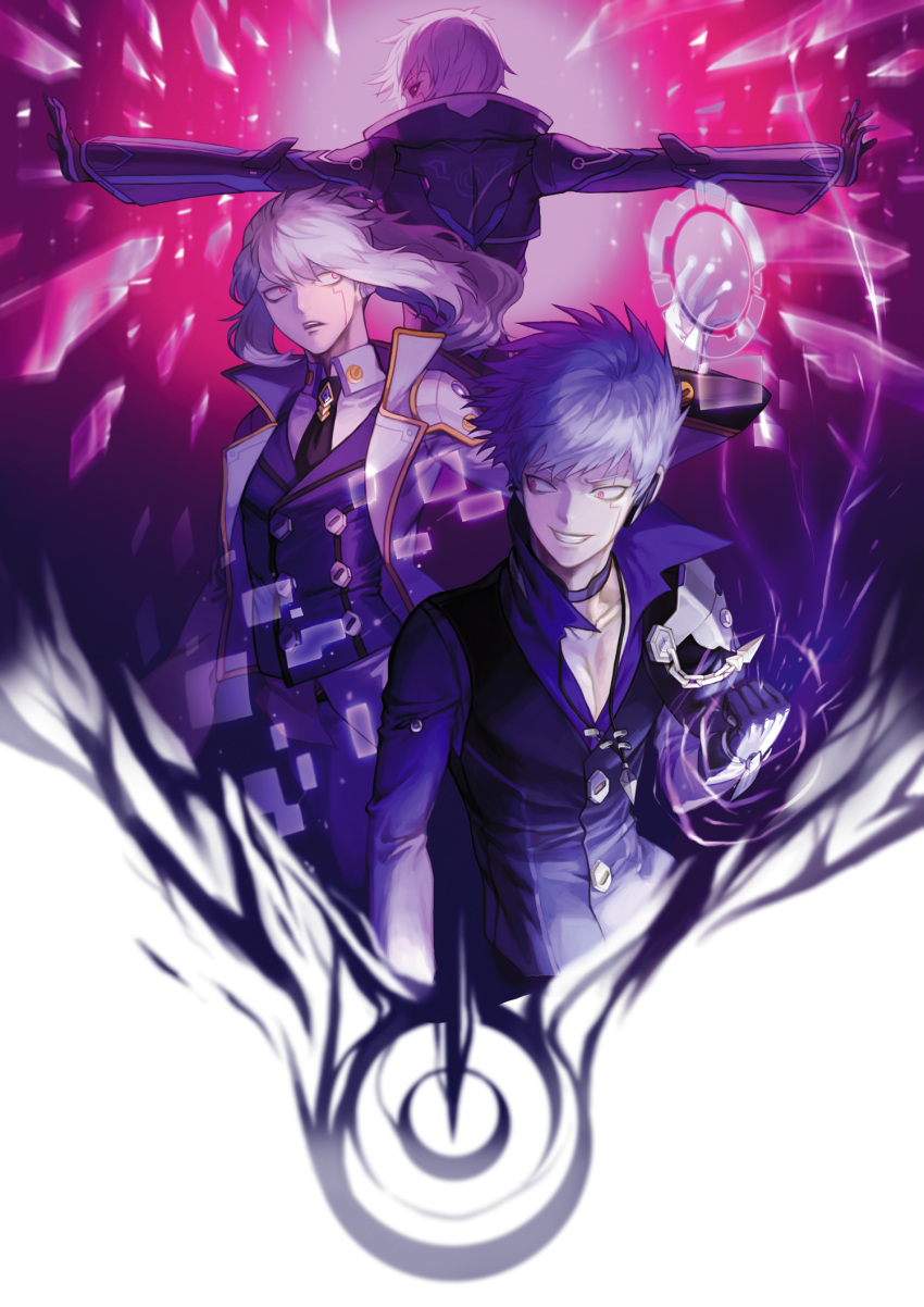 3boys add_(elsword) black_sclera choker coat elsword facial_mark grey_hair grin highres jacket long_hair male_focus multiple_boys multiple_persona necktie ponytail purple_background rke smile tattoo violet_eyes