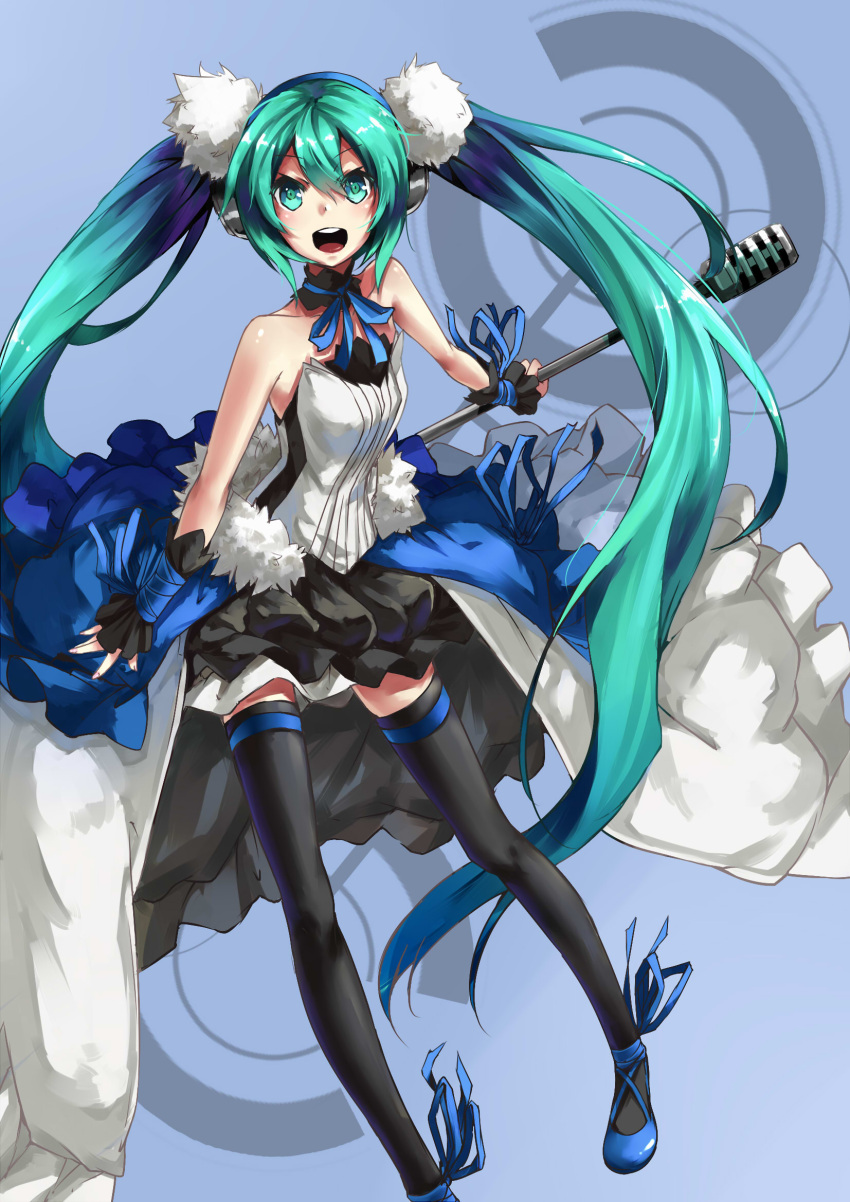 1girl 7th_dragon 7th_dragon_2020 green_eyes green_hair hatsune_miku headphones highres long_hair microphone microphone_stand mixke open_mouth skirt solo thigh-highs twintails very_long_hair vocaloid