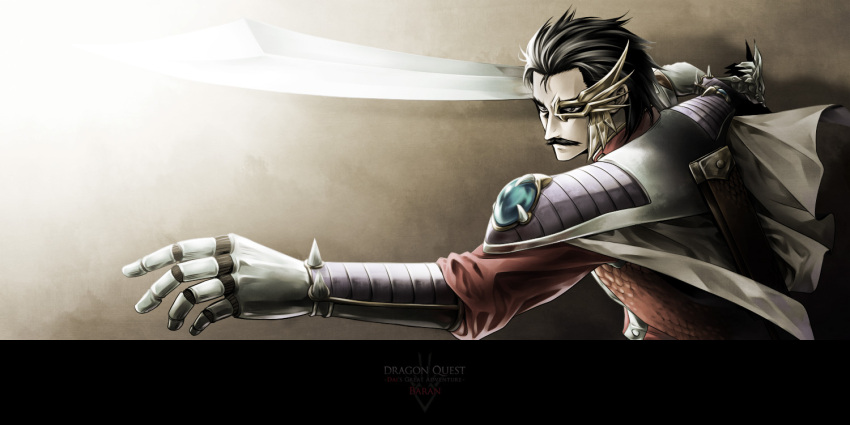 1boy asora16 baran black_hair cape dragon_quest_dai_no_daibouken facial_hair mustache sword weapon