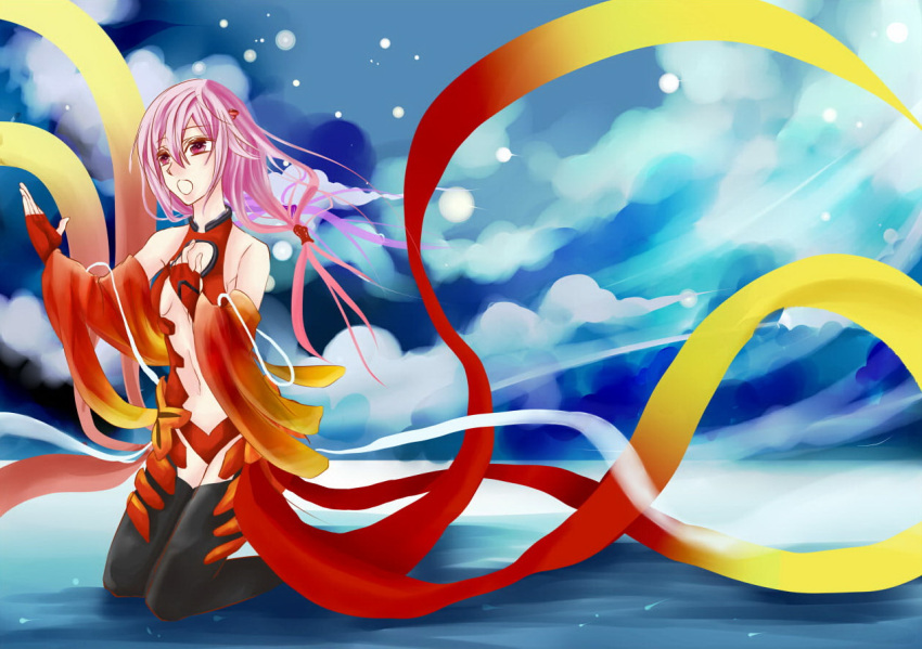 1girl bare_shoulders black_legwear breasts center_opening cleavage detached_sleeves elbow_gloves fingerless_gloves gloves guilty_crown hair_ornament hairclip hand_on_own_chest long_hair navel open_mouth pink_hair red_eyes singing sitting solo thigh-highs twintails yuzuriha_inori