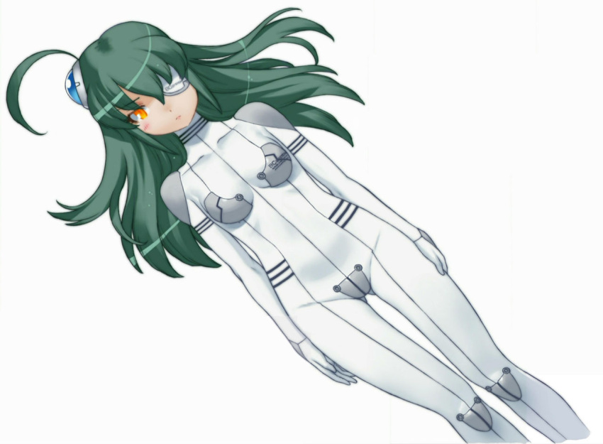 1girl ahoge arms_at_sides bodysuit cropped_legs eyepatch floating_hair green_hair hair_ornament official_art otomedius otomedius_excellent simple_background solo tita_nium white_background yellow_eyes yoshizaki_mine