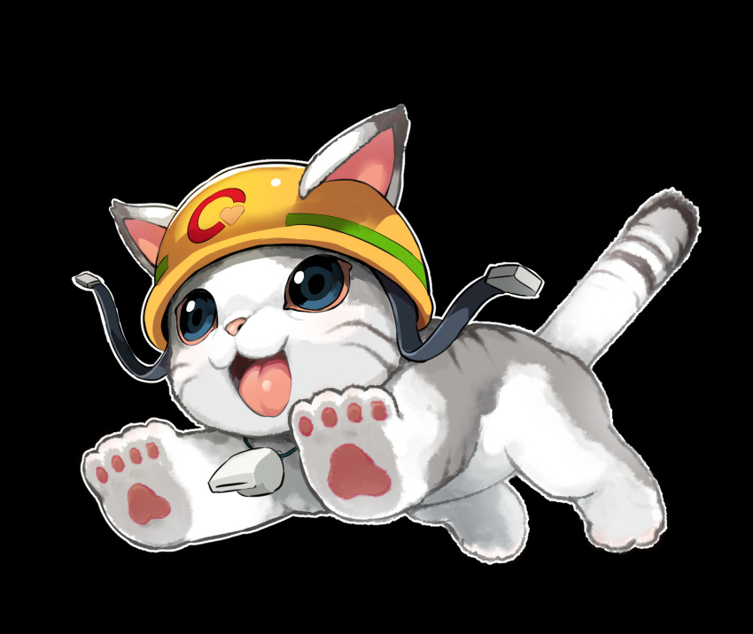 :3 animal animal_focus black_background blue_eyes cat clothed_animal commentary_request ears_through_headwear full_body happy heart helmet highres jumping korean_commentary no_humans open_mouth outline pawpads rescue_cat rtari running simple_background smile solo tongue whistle whistle_around_neck white_outline yellow_headwear yu-gi-oh!