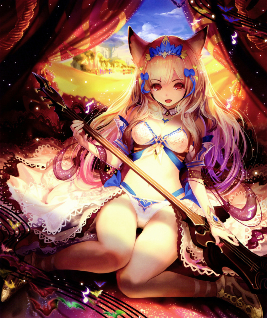 1girl absurdres animal_ears bare_shoulders blonde_hair detached_collar detached_sleeves high_heels highres instrument jewelry light_particles long_hair midriff multicolored_hair navel necklace purple_hair red_eyes scan shamisen shingeki_no_bahamut sitting smile solo tachikawa_mushimaro two-tone_hair