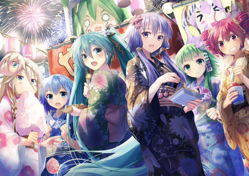 6+girls aoki_lapis aqua_eyes aqua_hair blonde_hair blue_eyes blue_hair chopsticks cotton_candy daidou_(demitasse) fan festival fireworks floral_print flower green_eyes green_hair grin gumi hachune_miku hair_flower hair_ornament hatsune_miku highres ia_(vocaloid) japanese_clothes kasane_teto kimono lantern long_hair mask megurine_luka multiple_girls obi open_mouth paper_fan paper_lantern purple_hair red_eyes redhead sash shaved_ice short_hair smile takoluka takoyaki twintails uchiwa utau very_long_hair violet_eyes vocaloid water_yoyo yuzuki_yukari