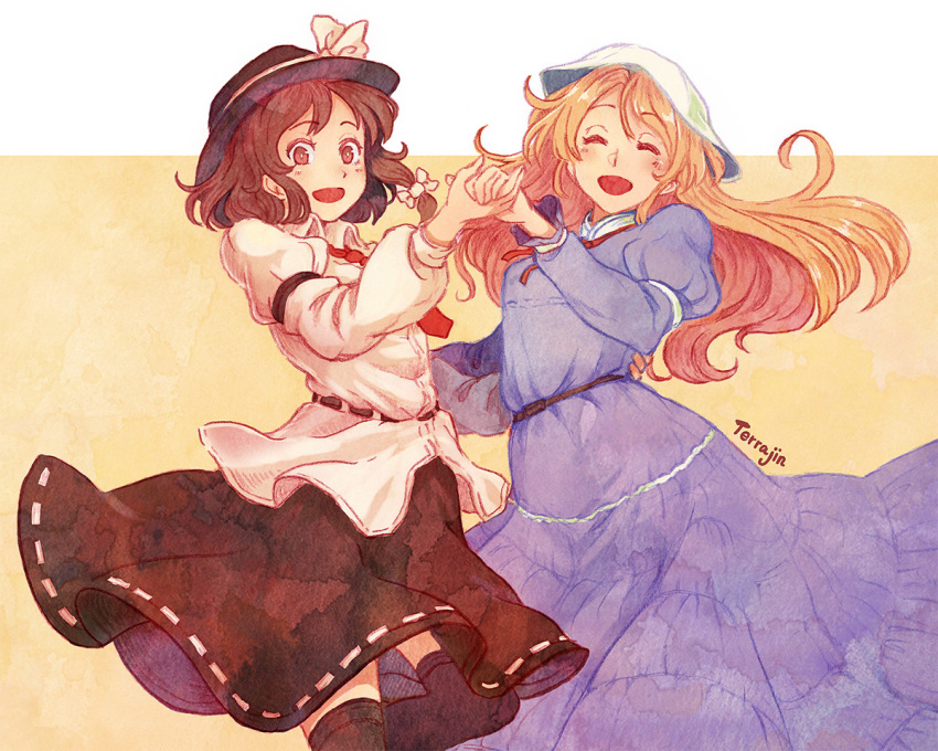 2girls album_cover artist_name blonde_hair bow brown_eyes brown_hair cover dancing dress hair_bow hat hat_bow holding_hands long_hair maribel_hearn multiple_girls necktie open_mouth ribbon short_hair skirt smile terajin touhou usami_renko