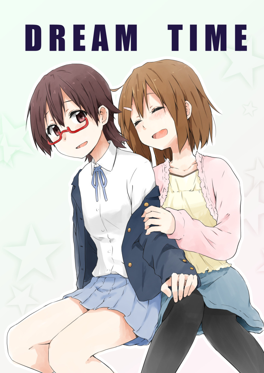 2girls absurdres brown_hair closed_eyes glasses highres hirasawa_yui k-on! kagiana manabe_nodoka multiple_girls pantyhose school_uniform short_hair sitting