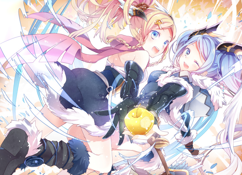 2girls :d apple armor bare_shoulders black_boots blonde_hair blue_dress blue_eyes blue_hair blush boots braid dress elbow_gloves fingerless_gloves food fruit fur_boots fur_trim gauntlets gloves golden_apple hair_ornament head_wings holding holding_fruit idunn_&amp;_idunna iku2727 long_hair looking_back multiple_girls one_eye_closed open_mouth ponytail puzzle_&amp;_dragons scarf shawl sleeveless sleeveless_dress smile twin_braids twintails
