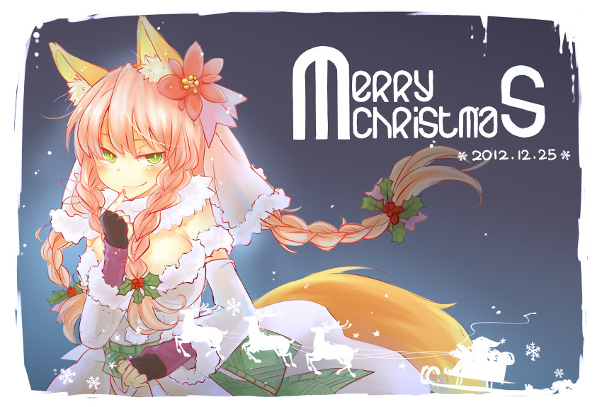 .hack// 1girl 2012 animal_ears blue_background braid christmas dated detached_sleeves dress fingerless_gloves flower fox_ears fox_tail gloves green_eyes guilty_dragon hair_flower hair_ornament highres holly kokore_(guilty_dragon) long_hair merry_christmas pink_hair poinsettia quad_tails smile solo soszoz tail