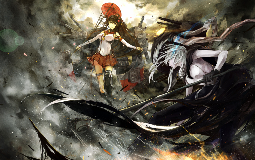 2girls battle black_gloves black_legwear bodysuit breasts brown_hair cape clouds cloudy_sky covered_navel detached_sleeves gloves glowing glowing_eyes hat headgear highres kantai_collection kazabana_fuuka lens_flare long_hair machinery multiple_girls pale_skin single_thighhigh skirt sky staff thigh-highs umbrella white_hair wo-class_aircraft_carrier yamato_(kantai_collection)