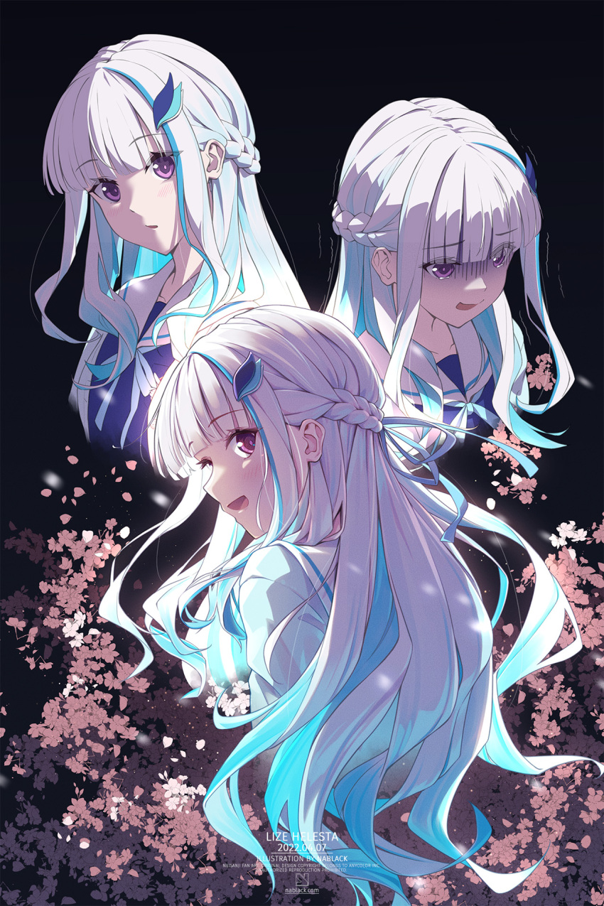 1girl :d bangs blue_hair blue_shirt braid character_name dated eyebrows_visible_through_hair flower hair_ornament highres kuro-kun_(nablack) lize_helesta long_hair looking_at_viewer looking_away looking_back multicolored_hair multiple_views nijisanji open_mouth parted_lips petals pink_flower sailor_collar shaded_face shirt silver_hair smile two-tone_hair violet_eyes virtual_youtuber white_sailor_collar