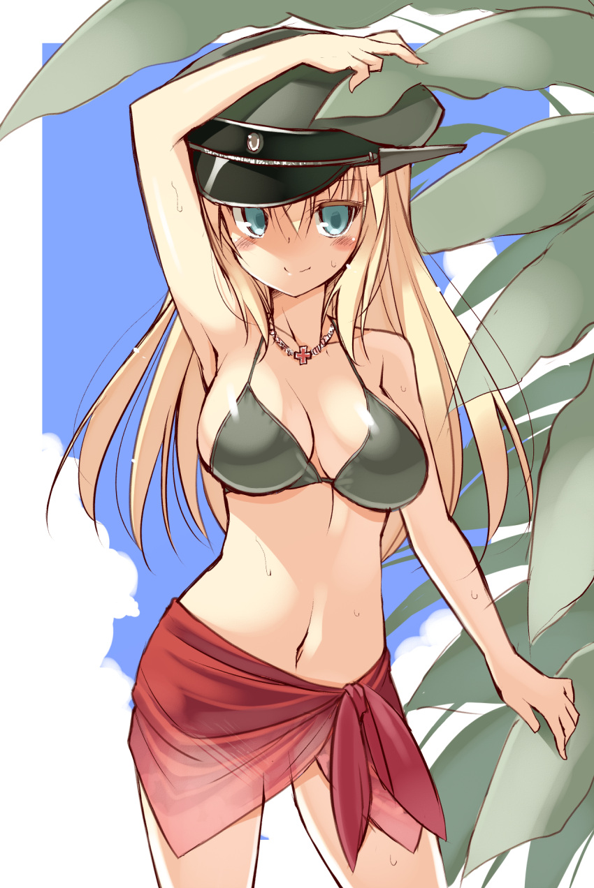 1girl arm_up bikini bismarck_(kantai_collection) blonde_hair blue_eyes blush breasts cleavage female hat highres iron_cross jewelry kantai_collection large_breasts long_hair looking_at_viewer military_hat navel necklace oota_yuuichi peaked_cap smile solo swimsuit