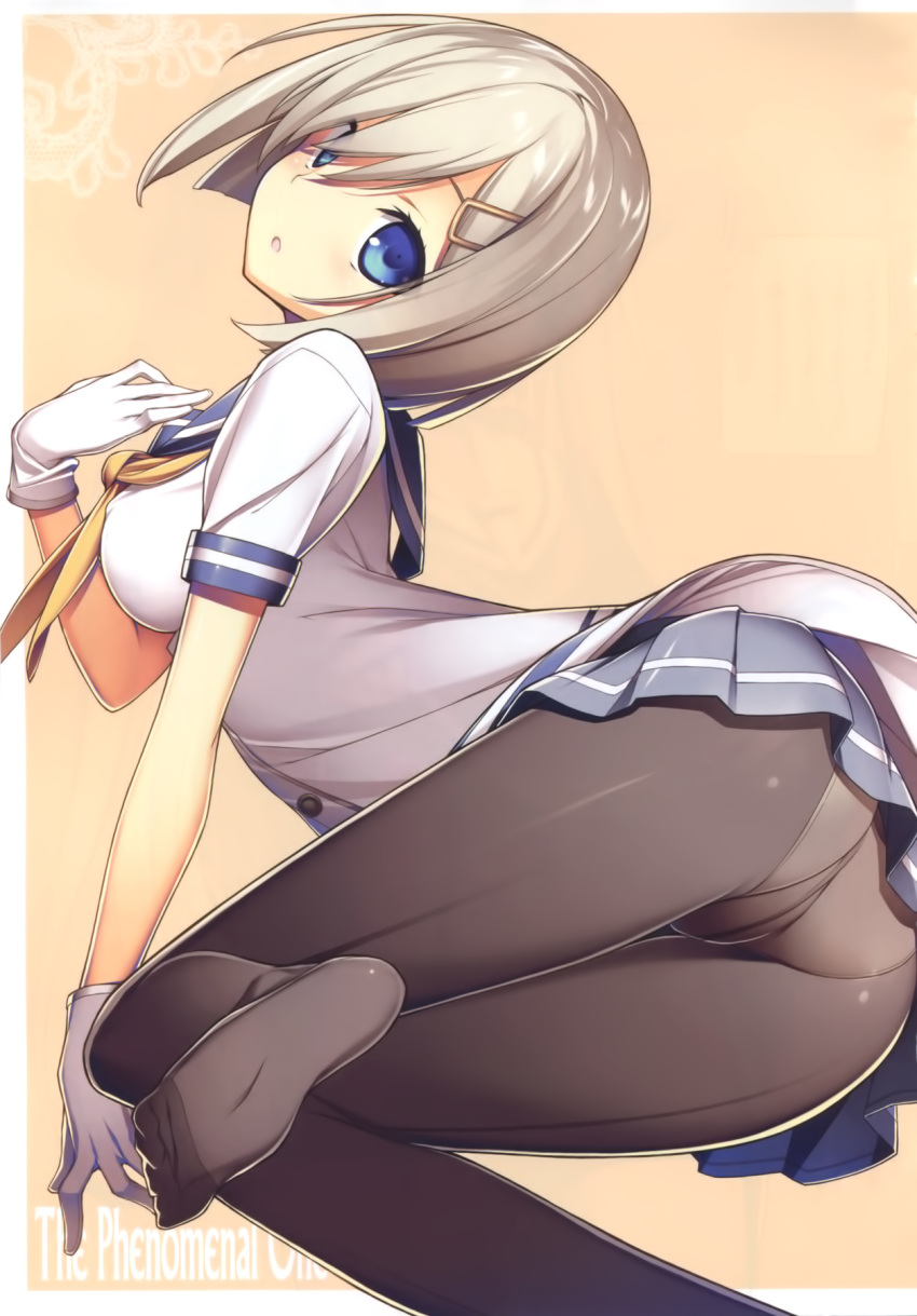 1girl arched_back ass black_legwear blue_eyes crotch_seam from_below gloves hair_ornament hair_over_one_eye hairclip hamakaze_(kantai_collection) hand_on_own_chest head_tilt highres kantai_collection kikuchi_seiji open_mouth panties panties_under_pantyhose pantyhose pleated_skirt scan school_uniform serafuku silver_hair skirt solo underwear white_gloves