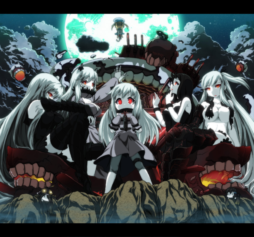 6+girls ahoge aircraft_carrier_hime aircraft_carrier_oni battleship-symbiotic_hime black_dress black_hair chibi clouds dress error_musume full_moon girl_holding_a_cat_(kantai_collection) gloves holding horns i-class_destroyer kantai_collection long_hair long_sleeves looking_at_viewer midway_hime mittens moon multiple_girls northern_ocean_hime pale_skin red_eyes ri-class_heavy_cruiser shinkaisei-kan short_dress side_ponytail so-class_submarine torn_clothes turret very_long_hair white_dress white_hair wrwr