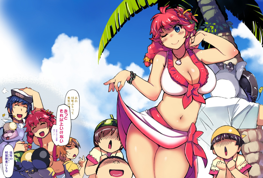 ;) bikini blue_eyes bracelet breasts child cleavage clouds contrapposto curtsey flower front-tie_bikini front-tie_top hair_flower hair_ornament halftone hibiscus highres jewelry large_breasts long_hair multiple_girls navel necklace one_eye_closed palm_tree pink_hair ragnarok_online sarong sky smile solo_focus swimsuit translation_request tree xration