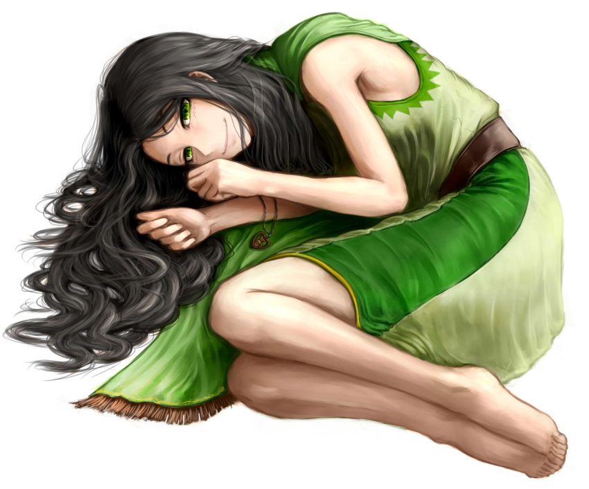 1girl barefoot belt black_hair ceramic_man dress fetal_position green_dress green_eyes highres jewelry long_hair looking_at_viewer lying native_american necklace original pendant shawl simple_background sleeveless sleeveless_dress smile solo traditional_clothes tribal white_background