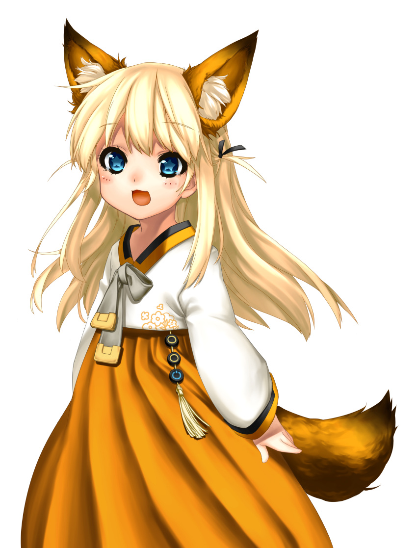 1girl :d absurdres animal_ears blonde_hair blue_eyes fox_ears fox_tail hair_ribbon hanbok highres korean_clothes long_hair looking_at_viewer open_mouth ribbon seeu smile solo tagme tail takotsu vocaloid