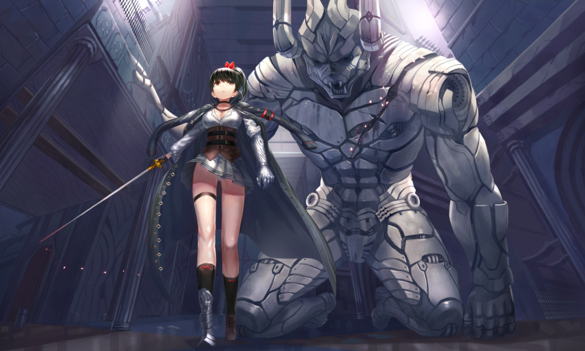 1girl arm_support armor bangs black_hair black_jacket black_legwear boots bow breasts cleavage corset cyborg damaged defeat dress fantasy from_below garter_belt gauntlets gloves hair_bow high_collar highres holding_sword holding_weapon horns indoors injury jacket jacket_over_shoulder kfr kneeling laced_shoes long_jacket long_sleeves mecha mismatched_footwear mismatched_gloves open_clothes open_jacket original panties pantyshot pantyshot_(standing) pleated_dress robot science_fiction serious sharp_teeth short_dress short_hair socks standing underwear victory weapon white_panties