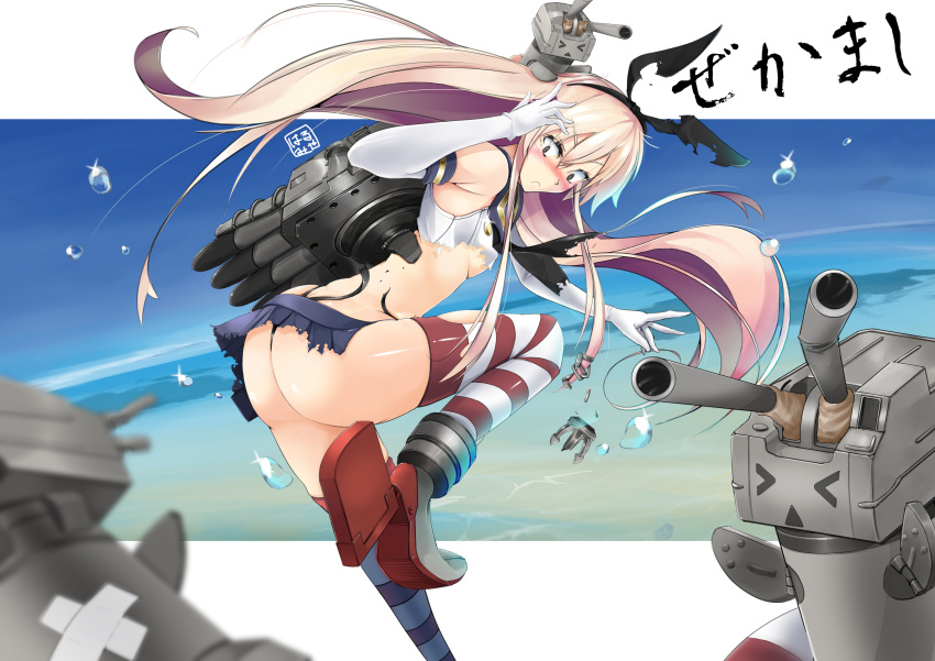 &gt;_&lt; 1girl ass black_panties blonde_hair character_name elbow_gloves frown gloves hairband harumiya_(acquetta1101) highres kantai_collection long_hair ocean panties rensouhou-chan shimakaze_(kantai_collection) signature skirt sky solo striped striped_legwear thigh-highs torn_clothes torn_skirt triangle_mouth underwear wardrobe_malfunction white_gloves
